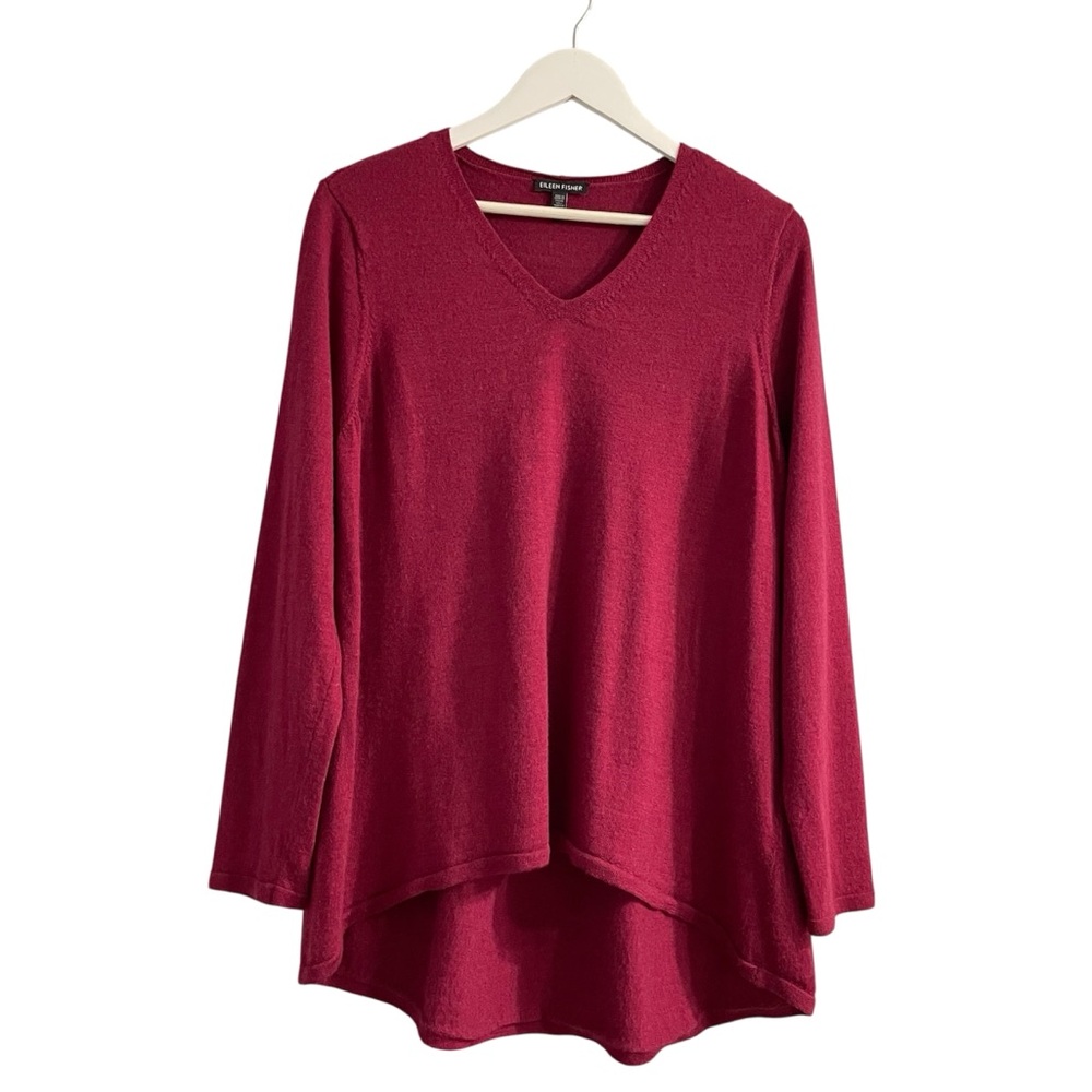 Eileen Fisher Merino Wool V Neck Sweater Large cranberry high low hem old money